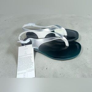 Metallic Silver Slingback Sandals with Dark Teal Footbed